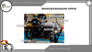 SMN 2054 : PEMESINAN KONVENSIONAL
TOPIK 2 : PEMESINAN LARIK
BAHAGIAN-BAHAGIAN APRON
 