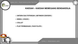 SMN 2054 : PEMESINAN KONVENSIONAL
TOPIK 2 : PEMESINAN LARIK
KAEDAH – KAEDAH MEMEGANG BENDAKERJA
 ANTARA DUA TETENGAH ( BETWEEN CENTERS )
 BINDU ( CHUCK )
 COLLET
 PLAT PERMUKAAN ( FACE PLATE )
 