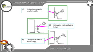 SMN 2054 : PEMESINAN KONVENSIONAL
TOPIK 2 : PEMESINAN LARIK
a) Ketinggian mata alat
terlalu rendah.
b) Ketinggian mata alat yang
betul.
c) Ketinggian mata alat
terlalu tinggi.
 