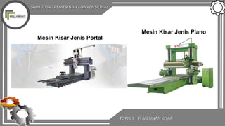 SMN 2054 : PEMESINAN KONVENSIONAL
Mesin Kisar Jenis Portal
Mesin Kisar Jenis Plano
TOPIK 3 : PEMESINAN KISAR
 