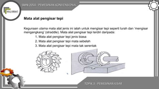 SMN 2054 : PEMESINAN KONVENSIONAL
TOPIK 3 : PEMESINAN KISAR
Mata alat pengisar tepi
Kegunaan utama mata alat jenis ini ialah untuk mengisar tepi seperti lurah dan ‘mengisar
mengangkang’ (straddle). Mata alat pengisar tepi terdiri daripada:
1. Mata alat pengisar tepi jenis biasa
2. Mata alat pengisar tepi mata sebelah
3. Mata alat pengisar tepi mata tak serentak
 