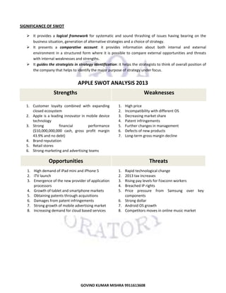  

SIGNIFICANCE OF SWOT 
It  provides  a  logical  framework  for  systematic  and  sound  thrashing  of  issues  having  bearing  on  the 
business situation, generation of alternative strategies and a choice of strategy. 
It  presents  a  comparative  account:  it  provides  information  about  both  internal  and  external 
environment  in  a  structured  form  where  it  is  possible  to  compare  external  opportunities  and  threats 
with internal weaknesses and strengths.  
It guides the strategists in strategy identification: it helps the strategists to think of overall position of 
the company that helps to identify the major purpose of strategy under focus. 

APPLE SWOT ANALYSIS 2013 
Strengths 

Weaknesses 

1. Customer  loyalty  combined  with  expanding 
closed ecosystem 
2. Apple  is  a  leading  innovator  in  mobile  device 
technology 
3. Strong 
financial 
performance 
($10,000,000,000  cash,  gross  profit  margin 
43.9% and no debt) 
4. Brand reputation 
5. Retail stores 
6. Strong marketing and advertising teams 

1.
2.
3.
4.
5.
6.
7.

High price 
Incompatibility with different OS 
Decreasing market share 
Patent infringements 
Further changes in management 
Defects of new products 
Long‐term gross margin decline 

Opportunities 
1. High demand of iPad mini and iPhone 5 
2. iTV launch 
3. Emergence of the new provider of application 
processors 
4. Growth of tablet and smartphone markets 
5. Obtaining patents through acquisitions 
6. Damages from patent infringements 
7. Strong growth of mobile advertising market 
8. Increasing demand for cloud based services 

Threats 
1.
2.
3.
4.
5.

Rapid technological change 
2013 tax increases 
Rising pay levels for Foxconn workers 
Breached IP rights 
Price  pressure  from  Samsung  over  key 
components 
6. Strong dollar 
7. Android OS growth 
8. Competitors moves in online music market 

 
 
 
 
 
 
 
 
 

24

GOVIND KUMAR MISHRA 9911613608 

 
