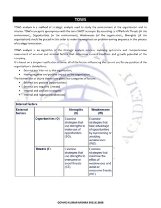  

TOWS 
TOWS  analysis  is  a  method  of  strategic  analysis  used  to  study  the  environment  of  the  organization  and  its 
interior. TOWS concept is synonymous with the term SWOT acronym. By according to H.Weihrich Threats (in the 
environment),  Opportunities  (in  the  environment),  Weaknesses  (of  the  organization),  Strenghts  (of  the 
organization) should be placed in this order to make the emphasis on problem‐solving sequence in the process 
of strategy formulation. 
TOWS  analysis  is  an  algorithm  of  the  strategic  analysis  process,  involving  systematic  and  comprehensive 
assessment  of  external  and  internal  factors  that  determine  current  condition  and  growth  potential  of  the 
company. 
It is based on a simple classification scheme: all of the factors influencing the current and future position of the 
organization is divided into: 
External and internal to the organization, 
Having negative and positive impact on the organization. 
The intersection of above distinctions gives four categories of factors: 
External and positive (opportunities) 
External and negative (threats) 
Internal and positive (strengths) 
Internal and negative (weaknesses) 
 

 
 
 
 

25
GOVIND KUMAR MISHRA 9911613608 

 