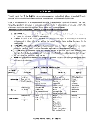  

ADL MATRIX 
The  ADL  matrix  from  Arthur  D.  Little  is  a  portfolio  management  method  that  is  based  on  product  life  cycle 
thinking. It uses the dimensions of environmental assessment and business strength assessment.  
Stage  of  industry  maturity  is  an  environmental  measure  that  represents  a  position  in  industry's  life  cycle. 
Competitive  position is a  measure of business strengths  that  helps in categorization of products or SBU's into 
one of five competitive positions: dominant, strong, favourable, tenable and weak. 
The competitive position of a firm is based on an assessment of the following criteria:  
1. DOMINANT: This is a comparatively rare position and in many cases is attributable either to a monopoly 
or a strong and protected technological leadership. 
2. STRONG:  By  virtue  of  this  position,  the  firm  has  a  considerable  degree  of  freedom  over  its  choice  of 
strategies  and  is  often  able  to  act  without  its  market  position  being  unduly  threatened  by  its 
competitions. 
3. FAVOURABLE: This position, which generally comes about when the industry is fragmented and no one 
competitor stand out clearly, results in the market leaders a reasonable degree of freedom. 
4. TENABLE:  Although  the  firms  within  this  category  are  able  to  perform  satisfactorily  and  can  justify 
staying in the industry, they are generally vulnerable in the face of increased competition from stronger 
and more proactive companies in the market. 
5. WEAK: The performance of firms in this category is generally unsatisfactory although the opportunities 
for improvement do exist. 
 
 

STAGE OF INDUSTRY MATURITY 
Competitive  
position  

 
Embryonic 

Growth 

Mature 

Fast grow  
Attend  cost  leadership 
Renew 
Defend position 
Act offensively  
Differentiate  
Lower cost  
Attack small firms  
 
Focus  
Differentiate  
Defend  
 

Defend position  
Attend cost leadership  
Renew  
Fast grow  
Act offensively  
Lower cost  
Focus  
Differentiate  
Grow with industry  
Focus  
Differentiate  
Harvest  
Find niche  
Hold niche  
Turnaround  
Grow with industry  
Hit smaller firms  

Ageing 

 

Dominant 

Fast grow  
Build barriers  
Act offensively 
 

Strong 

Differentiate  
Fast grow  
 

Favourable 

Differentiate  
Focus  
Fast grow  
 

 

 

 

Defend position  
Renew  
Focus  
Consider  
withdrawal  
Find niche  
Hold niche  
Harvest  
 
Harvest  
Turnaround  
 

30
GOVIND KUMAR MISHRA 9911613608 

 