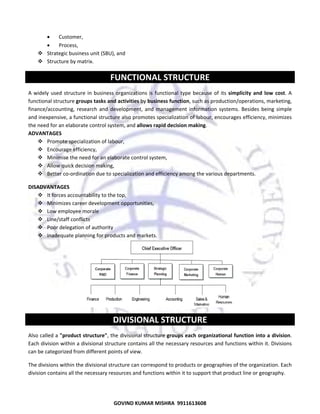  
•
Customer,  
•
Process,  
Strategic business unit (SBU), and  
Structure by matrix. 

FUNCTIONAL STRUCTURE
A  widely  used  structure  in  business  organizations  is  functional  type  because  of  its  simplicity  and  low  cost.  A 
functional structure groups tasks and activities by business function, such as production/operations, marketing, 
finance/accounting,  research  and  development,  and  management  information  systems.  Besides  being  simple 
and inexpensive, a functional structure also promotes specialization of labour, encourages efficiency, minimizes 
the need for an elaborate control system, and allows rapid decision making. 
ADVANTAGES 
Promote specialization of labour, 
Encourage efficiency, 
Minimise the need for an elaborate control system, 
Allow quick decision making, 
Better co‐ordination due to specialization and efficiency among the various departments. 
DISADVANTAGES 
It forces accountability to the top, 
Minimizes career development opportunities,  
Low employee morale 
Line/staff conflicts 
Poor delegation of authority 
Inadequate planning for products and markets. 

 

 

 

DIVISIONAL STRUCTURE

Also called a "product structure", the divisional structure groups each organizational function into a division. 
Each division within a divisional structure contains all the necessary resources and functions within it. Divisions 
can be categorized from different points of view. 
The divisions within the divisional structure can correspond to products or geographies of the organization. Each 
division contains all the necessary resources and functions within it to support that product line or geography. 

54
GOVIND KUMAR MISHRA  9911613608 

 