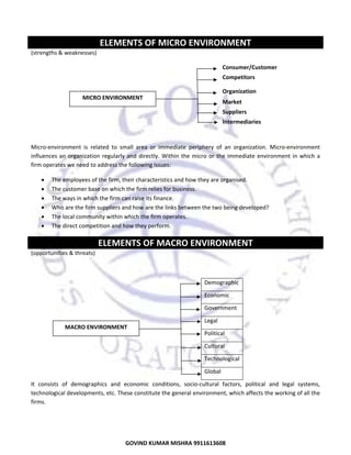 

ELEMENTS OF MICRO ENVIRONMENT 
(strengths & weaknesses) 
Consumer/Customer 
Competitors 
Organization  
MICRO ENVIRONMENT 

Market 
Suppliers 
Intermediaries 

 
Micro‐environment  is  related  to  small  area  or  immediate  periphery  of  an  organization.  Micro‐environment 
influences  an  organization  regularly  and  directly.  Within  the  micro  or  the  immediate  environment  in  which  a 
firm operates we need to address the following issues:  
•
•
•
•
•
•

The employees of the firm, their characteristics and how they are organised. 
The customer base on which the firm relies for business. 
The ways in which the firm can raise its finance. 
Who are the firm suppliers and how are the links between the two being developed? 
The local community within which the firm operates. 
The direct competition and how they perform.  

ELEMENTS OF MACRO ENVIRONMENT 
(opportunities & threats) 
 
Demographic 
Economic 
Government 
Legal 
MACRO ENVIRONMENT 

Political 
Cultural 
Technological
Global 

It  consists  of  demographics  and  economic  conditions,  socio‐cultural  factors,  political  and  legal  systems, 
technological developments, etc. These constitute the general environment, which affects the working of all the 
firms.  

6
GOVIND KUMAR MISHRA 9911613608 

 