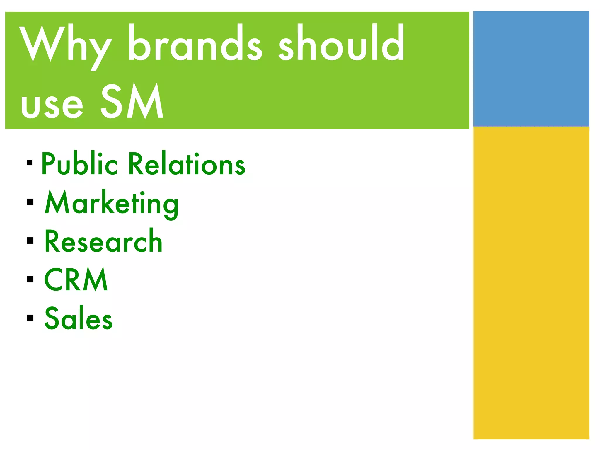 Why brands should
use SM
Public Relations
Marketing
Research
CRM
Sales