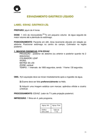 21




              ESVAZIAMENTO GÁSTRICO LÍQUIDO


LABEL: ESVAZ. GÁSTRICO LÍQ.

PREPARO: jejum de 4 horas
                               99m
DOSE: 1 mCi de microcolóide- Tc em pequeno volume de água seguido de
maior volume até a plenitude do estômago.

POSICIONAMENTO: Paciente em ddh, tórax levemente elevado em relação ao
abdome. Posicionar estômago no centro do campo. Colimador na região
posterior.

1. IMAGENS DINÂMICAS: DYN ESVAZ
      PROJEÇÃO : posterior de abdome (ou anterior e posterior quando há 2
      detectores)
      COLIMADOR: LEAP
      WORD
      MATRIZ: 64 x 64
      ZOOM: variável
      TEMPO : 1 Intervalo de 1800 segundos, sendo 1 frame / 30 segundos.



OBS.: 1) A aquisição deve se iniciar imediatamente após a ingestão da água.

      2) Exame deve ser feito preferencialmente na Helix.

      3) Adquirir uma imagem estática com marcas: apêndice xifóide e cicatriz
      umbilical.

PROCESSAMENTO: ESVAZ (valor do T½ pela projeção posterior)

IMPRESSÃO: 1 filme em 4, pelo programa.


                              Agrup. Ant.    Agrup. Post

                              Gráfico         Valor do
                              (proj. post)     T 1/2




                                                                              21
 
