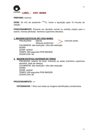 51


         LABEL :     CINT. MAMA

PREPARO: nenhum
                               99m
DOSE: 25 mCi de sestamibi–        Tc. Iniciar a aquisição após 10 minutos da
injeção.

POSICIONAMENTO: Paciente em decúbito ventral no colchão próprio para o
exame, mamas pêndulas, membros superiores elevados.


1. IMAGENS ESTÁTICAS (DE CADA MAMA)
      PROJEÇÕES:      laterais                           incluindo axilas
                      oblíquas posteriores
      COLIMADOR: alta resolução / ultra alta resolução
      WORD
      ZOOM: variável
      TEMPO: 600 segundos POR IMAGEM
      OVERFLOW: No

2. IMAGEM ESTÁTICA ANTERIOR DO TÓRAX
     PROJEÇÃO: anterior do tórax, incluindo as axilas (membros superiores
     elevados, atrás da cabeça)
     COLIMADOR: alta resolução / ultra alta resolução
     WORD
     ZOOM: variável
     TEMPO: 600 segundos POR IMAGEM
     OVERFLOW: No


PROCESSAMENTO: ----

   FOTOGRAFAR: 1 filme com todas as imagens identificadas corretamente.




                                                                            51
 