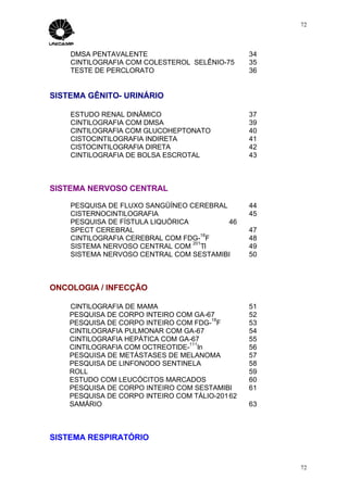 72




    DMSA PENTAVALENTE                            34
    CINTILOGRAFIA COM COLESTEROL SELÊNIO-75      35
    TESTE DE PERCLORATO                          36


SISTEMA GÊNITO- URINÁRIO

    ESTUDO RENAL DINÂMICO                        37
    CINTILOGRAFIA COM DMSA                       39
    CINTILOGRAFIA COM GLUCOHEPTONATO             40
    CISTOCINTILOGRAFIA INDIRETA                  41
    CISTOCINTILOGRAFIA DIRETA                    42
    CINTILOGRAFIA DE BOLSA ESCROTAL              43



SISTEMA NERVOSO CENTRAL

    PESQUISA DE FLUXO SANGÜÍNEO CEREBRAL         44
    CISTERNOCINTILOGRAFIA                        45
    PESQUISA DE FÍSTULA LIQUÓRICA        46
    SPECT CEREBRAL                               47
                                     18
    CINTILOGRAFIA CEREBRAL COM FDG- F            48
                                  201
    SISTEMA NERVOSO CENTRAL COM Tl               49
    SISTEMA NERVOSO CENTRAL COM SESTAMIBI        50



ONCOLOGIA / INFECÇÃO

    CINTILOGRAFIA DE MAMA                        51
    PESQUISA DE CORPO INTEIRO COM GA-67          52
                                      18
    PESQUISA DE CORPO INTEIRO COM FDG- F         53
    CINTILOGRAFIA PULMONAR COM GA-67             54
    CINTILOGRAFIA HEPÁTICA COM GA-67             55
                                 111
    CINTILOGRAFIA COM OCTREOTIDE- In             56
    PESQUISA DE METÁSTASES DE MELANOMA           57
    PESQUISA DE LINFONODO SENTINELA              58
    ROLL                                         59
    ESTUDO COM LEUCÓCITOS MARCADOS               60
    PESQUISA DE CORPO INTEIRO COM SESTAMIBI      61
    PESQUISA DE CORPO INTEIRO COM TÁLIO-201 62
    SAMÁRIO                                      63



SISTEMA RESPIRATÓRIO


                                                      72
 