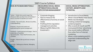 SMO Course Syllabus
DIVE-INTO MAIN SMOTOOLS MEASURING SOCIAL MEDIA
OPTIMIZATION & ONLINE
REPUTATION MANAGEMENT
SOCIAL MEDIA OPTIMIZATION :
HISTORY, BENEFITS AND
POTENTIAL
Twitter :-Twitter Set-up and usageTips
InfluencersWho are they? How to find them ?
How to use them to benefit your brand
LinkedIn:-Tips and Guides , Review of profiles ,
Linked Marketing
Pinterest:-Visual social media and
bookmarking Set-up and management
Facebook:- Creating groups and pages , How to
create Ads on Facebook
Tips and Guides – Post, Paid Promotion, Ads
,Contests
Google+ :-How to Set-up and use, Company
profile
YouTube :- Setting up a channel , Managing
content
• Corporate blogging
• How to measure the
effectiveness of activity on social
media
• ProfilingOnline reputation
management activities
• Measuring ROI ( Return On
Investment )
• Introduction to Social Media
• What is Social Media? How Social
Media was developed
• Creating content & managing
content programs
• Why is word-of-mouth and PR
more powerful than ‘advertising’.
• How social media is different
from other form of internet
marketing.
• What is viral marketing and it’s
important Understanding the
edge rank.
www.freelancersacademy.com - Digital Marketing Training Institute
 