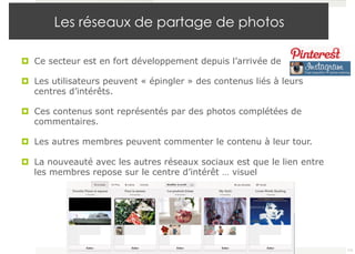 Les réseaux de partage de photos 
¤ Ce secteur est en fort développement depuis l’arrivée de 
¤ Les utilisateurs peuvent « épingler » des contenus liés à leurs 
centres d’intérêts. 
¤ Ces contenus sont représentés par des photos complétées de 
commentaires. 
¤ Les autres membres peuvent commenter le contenu à leur tour. 
¤ La nouveauté avec les autres réseaux sociaux est que le lien entre 
les membres repose sur le centre d’intérêt … visuel 
111 
 