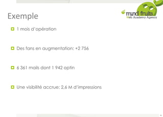 Exemple 
¤ 1 mois d’opération 
¤ Des fans en augmentation: +2 756 
¤ 6 361 mails dont 1 942 optin 
¤ Une visibilité accrue: 2,6 M d’impressions 
46 
 