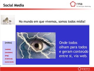 Social Media [mídias] [ website] [newsletter]  [blog]  [tradicional]  [social netwk]  [cliente] [redação] [você] [mercado] @ @ @ @ @ @ @ @ @ @ @ @ @ @ @ @ @ No mundo em que vivemos, somos todos mídia! Onde todos  olham para todos e geram conteúdo  entre si, via web. 
