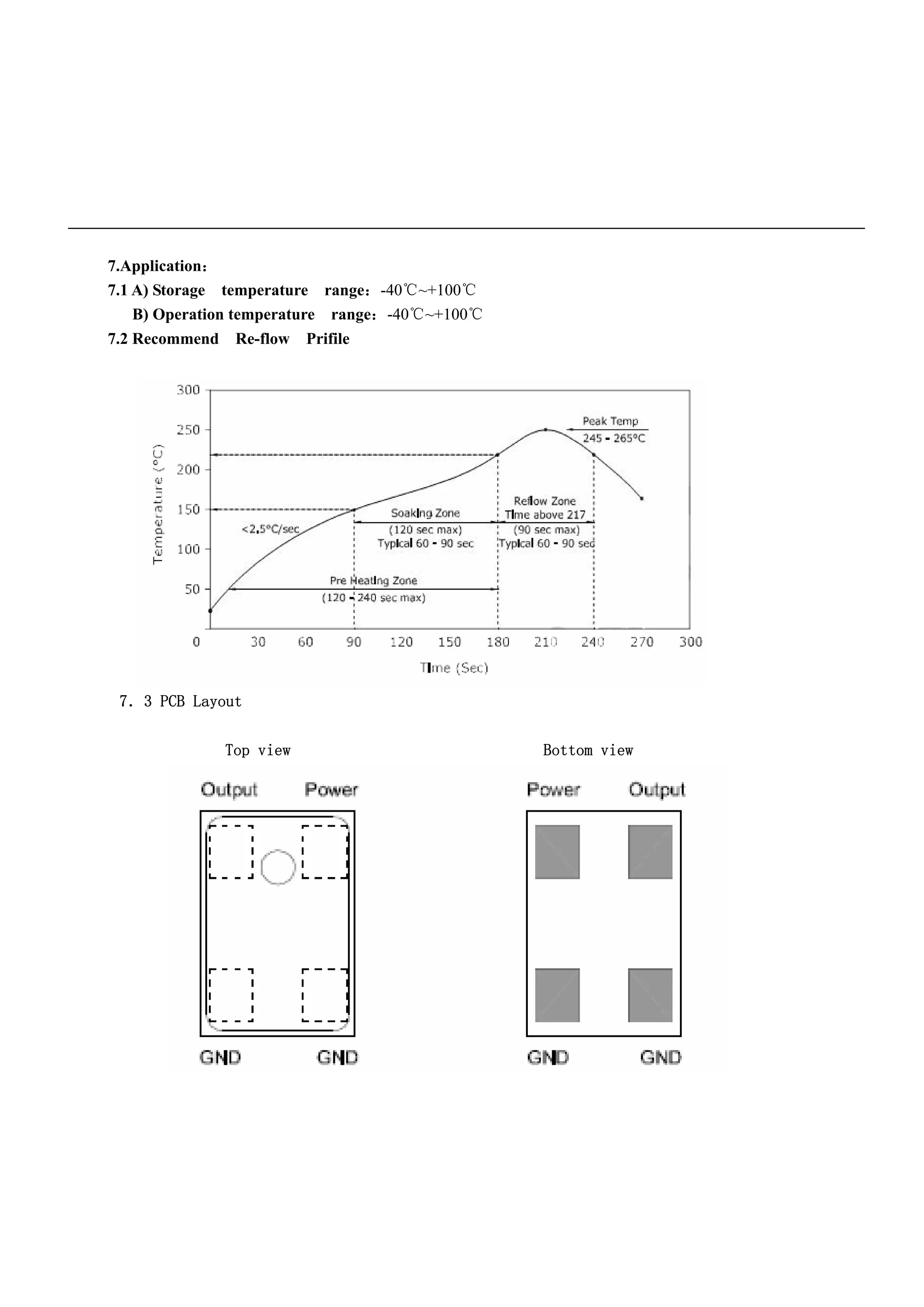 7.Application：
7.1 A) Storage temperature range：-40℃~+100℃
    B) Operation temperature range：-40℃~+100℃
7.2 Recommend Re-flow Prifile




 7．3 PCB Layout

              Top view                          Bottom view
 