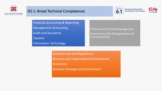 IES 2: Broad Technical Competences
Financial Accounting & Reporting
Management Accounting
Audit and Assurance
Taxation
Information Technology
Finance and Financial Management
Governance, Risk Management and
Internal Control
Business Law and Regulations
Business and Organizational Environment
Economics
Business Strategy and Environment
 