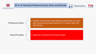 IES 4: Far Reaching Professional Values, Ethics and Attitudes
Professional Values
• Identify and evaluate reasonableness alternatives to reach
well-reasoned conclusion based on all relevant facts and
alternatives.
Ethical Principles • Apply the fundamental ethical principles
 