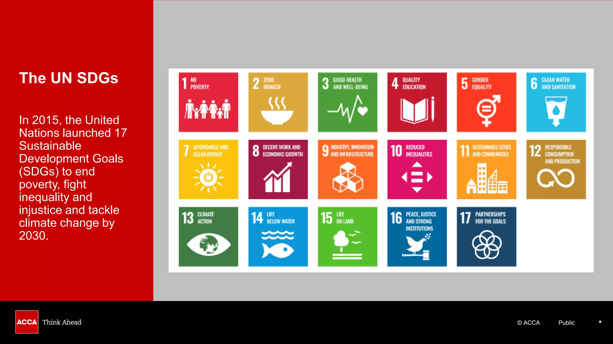 © ACCA Public
The UN SDGs
In 2015, the United
Nations launched 17
Sustainable
Development Goals
(SDGs) to end
poverty, fight
inequality and
injustice and tackle
climate change by
2030.
▪
 
