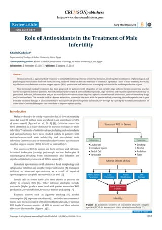 Volume 1 - Issue - 2
1/10
Introduction
Malesarefoundtobesolelyresponsiblefor20-30%ofinfertility
cases (at least 30 million men worldwide) and contribute to 50%
of cases overall (Agarwal et al., 2015) [1]. Oxidative stress has
been identified as a major mediator in various etiologies of male
infertility.Treatmentsofoxidativestress,includingoralantioxidants
and varicocelectomy, have been studied widely in patients with
varicocele-associated male subfertility and unexplained male
infertility. Current assays for seminal oxidative stress can measure
reactive oxygen species (ROS) directly or indirectly [2].
The sources of ROS in semen are both intrinsic and extrinsic.
Activated leukocytes (mainly polymorph nuclear leukocytes &
macrophages) resulting from inflammation and infection are
significant intrinsic producers of ROS in semen [3].
Immature spermatozoa with abnormal head morphology and
cytoplasmic retention are another important source [4]. Damaged,
deficient or abnormal spermatozoa as a result of impaired
spermatogenesis can yield excessive ROS as well [5].
Sertoli cells in semen have also been shown to possess the
ability to produce ROS [6]. Other intrinsic etiologies include
varicocele (higher grade is associated with greater amounts of ROS
production), cryptorchidism, testicular torsion and ageing [7].
Extrinsic sources such as cigarette smoking [8], alcohol
consumption [9], exposuretoradiation [1]and otherenvironmental
toxins have been associated with elevated testicular and/or seminal
ROS levels. Common sources of ROS in semen and their adverse
effects are illustrated in (Figure 1) [7].
Figure 1: Common sources of excessive reactive oxygen
species (ROS) in semen and their deleterious effects [7].
Khaled Gadallah*
Department of Urology, Al-Azhar University, Cairo, Egypt
*Corresponding author: Khaled Gadallah, Department of Urology, Al-Azhar University, Cairo, Egypt
Submission: November 13, 2017; Published: January 17, 2018
Role of Antioxidants in the Treatment of Male
Infertility
Copyright © All rights are reserved by Khaled Gadallah. 1(2).SMOAJ.000509. 2018.
CRIMSONpublishers
http://www.crimsonpublishers.com
Abstract
Stress is defined as a general body response to initially threatening external or internal demands, involving the mobilization of physiological and
psychological resources to deal with them. Recently, oxidative stress has become the focus of interest as a potential cause of male infertility. Normally,
equilibrium exists between reactive oxygen species (ROS) production and antioxidant scavenging activities in the male reproductive organs.
Non-hormonal medical treatment has been proposed for patients with idiopathic or non-curable oligo-astheno-terato-zoospermia and for
normo-zoospermic infertile patients. Anti-inflammatory, fibrinolytic & antioxidant compounds, oligo elements and vitamin supplementation may be
prescribed. Infection, inflammation and/or increased oxidative stress often require a specific treatment with antibiotics, anti-inflammatory drugs
and/or antioxidants. The ascorbic acid is a known antioxidant present in the testis with the precise role of protecting the male reproductive organs
from the oxidative damage. It also contributes to the support of spermatogenesis at least in part through its capacity to maintain antioxidant in an
active state. Combined therapies can contribute to improve sperm quality.
Surg Med Open Acc JReview article
ISSN 2578-0379
 