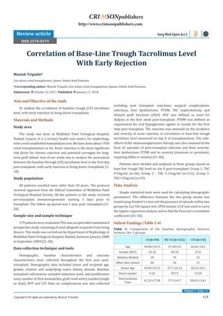 Volume 1 - Issue - 2
1/4
Aim and Objective of the study
To analyze the co-relation of baseline trough (C0) tacrolimus
level, with early rejection in living donor transplants.
Materials and Methods
Study area
The study was done at Muljibhai Patel Urological Hospital,
Nadiad, Gujarat. It is a tertiary health care centre, for nephrology,
with a well established hemodialysis unit. We have done about 1950
renal transplantation so far. Acute rejection is the most significant
risk factor for chronic rejection and potential surrogate for long-
term graft failure. Aim of our study was to analyze the association
between the baseline through (C0) tacrolimus level in the first day
post transplant, with early rejection in living donor transplants [1-
10].
Study population
All patients enrolled were older than 18 years. The protocol
received approval from the Ethical Committee of Muljibhai Patel
Urological Hospital Society. All the patients in the study received
pre-transplant immunosupression starting 3 days prior to
transplant. The follow up period was 1 year post- transplant [11-
20].
Sample size and sample technique
179patientswereevaluated.Thiswasanopenlabelrandomized
prospective study consisting of renal allograft recipients from living
donors. This study was carried out by Department of Nephrology at
Muljibhai Patel Urological Hospital, Nadiad, between January 2008
to September 2009 [21-30].
Data collection technique and tools
Demographic, baseline characteristics and outcome
characteristics were collected throughout the first year post-
transplant. Demographic data included donor and recipient age,
gender, relation and underlying native kidney disease. Baseline
transplant information included induction used, anti-proliferative
used, number of HLA mismatches, graft renal artery number(single
or dual), WIT and CIT. Data on complications was also collected
including post transplant rejections, surgical complications,
infections, liver dysfunctions, PTDM, TAC nephrotoxicity, and
delayed graft functions (DGF). DGF was defined as need for
dialysis in the first week post-transplant. PTDM was defined as
requirement for oral hypoglycemic agents or insulin for the first
time post-transplant. The outcome was assessed on the incidence
and severity of acute rejection in correlation to base-line trough
tacrolimus level measured on day 0 of transplantation. The side-
effects of the immunosuppressive therapy was also assessed in the
form of; episodes of post-transplant infection and their severity;
liver dysfunction; PTDM and its severity (transient or persistent;
requiring OHAs or insulin) [31-40].
Patients were divided and analyzed in three groups based on
base-line trough TAC level on day 0 post-transplant: Group 1: TAC
0-5ng/ml (n=34), Group 2 : TAC 5-15ng/ml (n=112), Group 3:
TAC>15ng/ml (n=33).
Data Analysis
Simple statistical tools were used for calculating demographic
parameters. The difference between the two group means was
tested using Student’s t-test and the presence of episode within two
groups by 2x2 Chi-square test. SPSS version 15.0 was used to carry
the logistic regression analysis and to find the Pearson’s correlation
coefficients [41-50].
Salient Findings (Table 1-6)
Table 1: Comparison of the baseline demographic features
between the 3 groups.
<5 (n=34) 05-15 (n=112) >15 (n=33)
Age 49.06+10.15 47.38+9.6 46.42+10.2
Gender (M:F) 24:10 94:18 27:6
Relation Related 28 76 22
Other than related 06 36 11
Donor Age 49.05+10.15 47.7+10.14 46.42+10.2
Donor Gender 9:25 39:73 13:20
Total Ischemia
Time
61.32+17.58 57.15+9.7 58.42+13.61
Manish Tripathi*
Live donor renal transplantion, Ajman, United Arab Emirates
*Corresponding author: Manish Tripathi, Live donor renal transplantion, Ajman, United Arab Emirates
Submission: October 26, 2017; Published: January 17, 2018
Correlation of Base-Line Trough Tacrolimus Level
With Early Rejection
Copyright © All rights are reserved by Manish Tripathi.
CRIMSONpublishers
http://www.crimsonpublishers.com
Surg Med Open Acc JReview article
ISSN 2578-0379
 