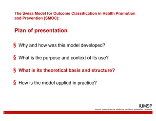 The Swiss Model for Outcome Classification in Health Promotion
     and Prevention (SMOC):


     Plan of presentation

  ...