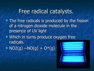 The free radicals is produced by the fission of a nitrogen dioxide molecule in the presence of UV light Which in turns produce oxygen free radicals. NO2(g) --NO(g) + O*(g) Free radical catalysts.  