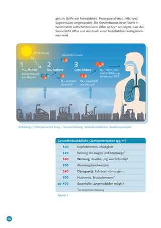 06
gen) in Stoffe wie Formaldehyd, Peroxyacetylnitrat (PAN) und
Salpetersäure umgewandelt. Die Konzentration dieser Stoffe in
bodennahen Luftschichten kann dabei so hoch ansteigen, dass das
Sonnenlicht diffus und wie durch einen Nebelschleier wahrgenom-
men wird.
Abbildung C: Fotochemischer Smog – Sonnenstrahlung, Vorläufersubstanzen, Reaktionsprodukte
UV-Strahlung
1 2 3
NO2-Molekül
Stickstoffdioxid
aus Abgasen
O – atomarer
Sauerstoff
O2 – Sauerstoff
aus der Luft
O3 – Ozon, opti-
male Entstehungs-
temperatur 30°C
Stickstoffmonoxid
NO2-Spaltung Ozon-Bildung
Gesundheitsschädliche Ozonkonzentration (µg/m3
)
100 Kopfschmerzen, Müdigkeit
120 Reizung der Augen und Atemwege*
180 Warnung: Bevölkerung wird informiert
200 Atemwegsbeschwerden
240 Ozongesetz: Fahrbeschränkungen
300 Hustenreiz, Brustschmerzen*
ab 400 dauerhafte Lungenschäden möglich
*bei körperlicher Belastung
Tabelle 1
 