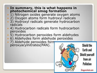 In summary, this is what happens in
photochemical smog formation
 1) Nitrogen oxides generate oxygen atoms
 2) Oxygen atoms form hydroxyl radicals
 3) Hydroxyl radicals generate hydrocarbon
radicals
 4) Hydrocarbon radicals form hydrocarbon
peroxides
 5) Hydrocarbon peroxides form aldehydes
 6) Aldehydes form aldehyde peroxides
 7) Aldehyde peroxides form
peroxyacylnitrates(PAN).
 