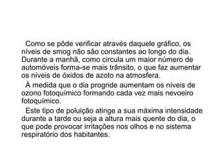 Como se pôde verificar através daquele gráfico, os
níveis de smog não são constantes ao longo do dia.
Durante a manhã, como circula um maior número de
automóveis forma-se mais trânsito, o que faz aumentar
os níveis de óxidos de azoto na atmosfera.
À medida que o dia progride aumentam os níveis de
ozono fotoquímico formando cada vez mais nevoeiro
fotoquímico.
Este tipo de poluição atinge a sua máxima intensidade
durante a tarde ou seja a altura mais quente do dia, o
que pode provocar irritações nos olhos e no sistema
respiratório dos habitantes.
 