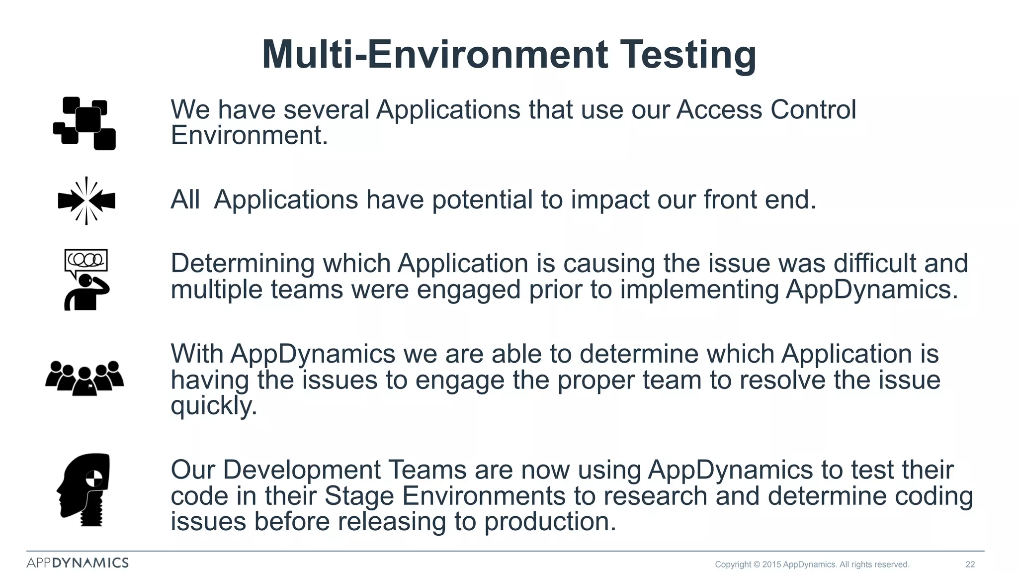Multi-Environment Testing
We have several Applications that use our Access Control
Environment.
All Applications have potential to impact our front end.
Determining which Application is causing the issue was difficult and
multiple teams were engaged prior to implementing AppDynamics.
With AppDynamics we are able to determine which Application is
having the issues to engage the proper team to resolve the issue
quickly.
Our Development Teams are now using AppDynamics to test their
code in their Stage Environments to research and determine coding
issues before releasing to production.
Copyright © 2015 AppDynamics. All rights reserved. 22
 