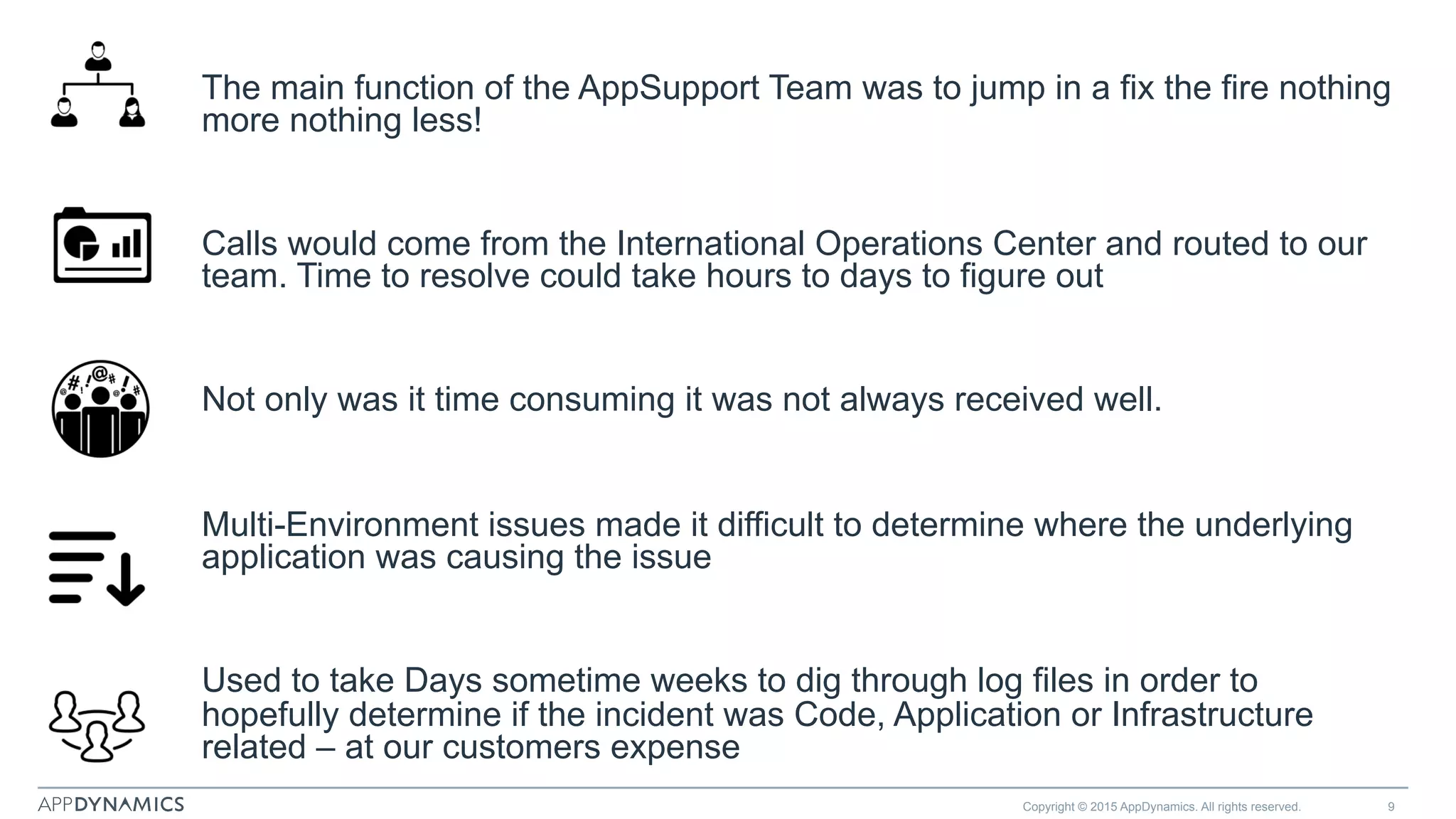 The main function of the AppSupport Team was to jump in a fix the fire nothing
more nothing less!
Calls would come from the International Operations Center and routed to our
team. Time to resolve could take hours to days to figure out
Not only was it time consuming it was not always received well.
Multi-Environment issues made it difficult to determine where the underlying
application was causing the issue
Used to take Days sometime weeks to dig through log files in order to
hopefully determine if the incident was Code, Application or Infrastructure
related – at our customers expense
Copyright © 2015 AppDynamics. All rights reserved. 9
 