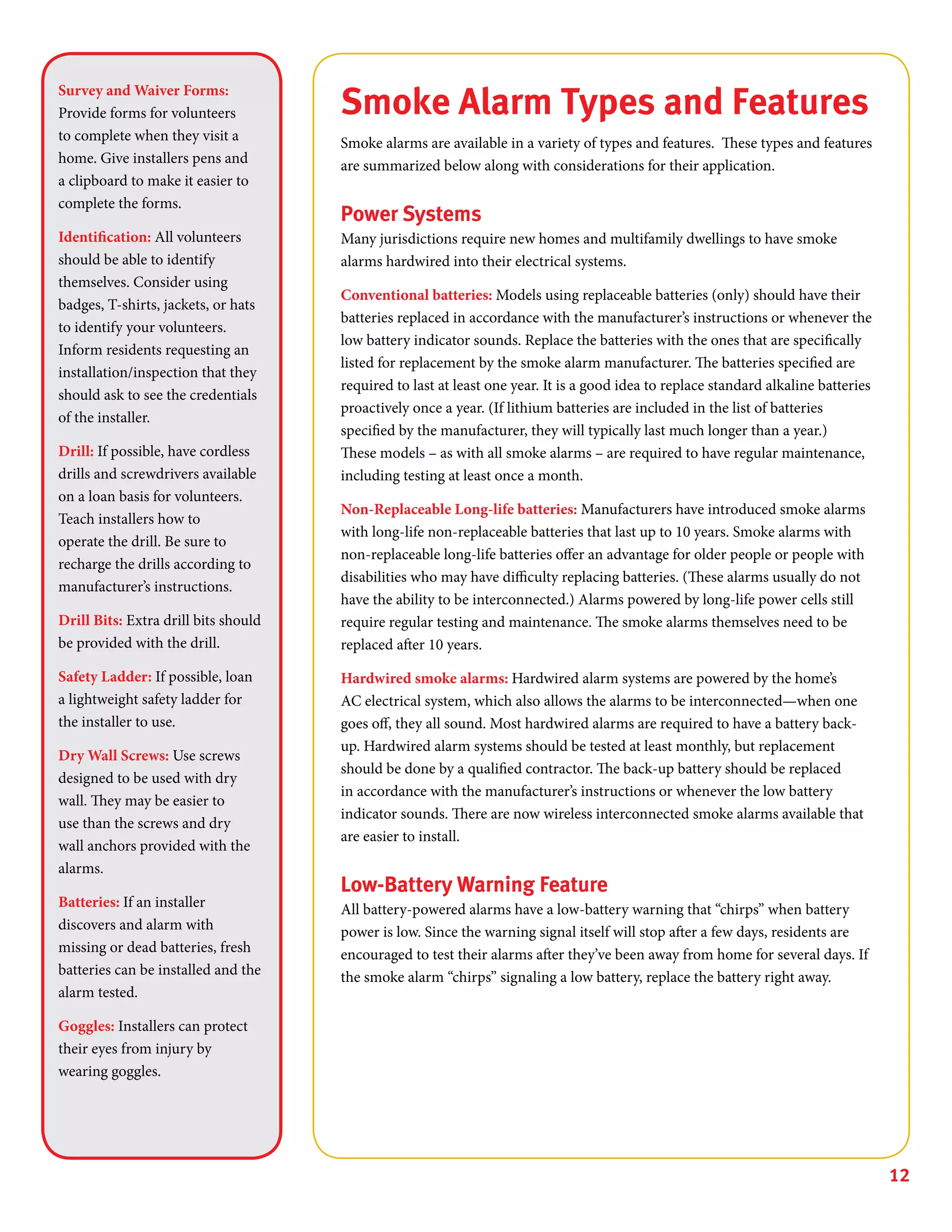 12
Smoke Alarm Types and Features
Smoke alarms are available in a variety of types and features. These types and features
are summarized below along with considerations for their application.
Power Systems
Many jurisdictions require new homes and multifamily dwellings to have smoke
alarms hardwired into their electrical systems.
Conventional batteries: Models using replaceable batteries (only) should have their
batteries replaced in accordance with the manufacturer’s instructions or whenever the
low battery indicator sounds. Replace the batteries with the ones that are specifically
listed for replacement by the smoke alarm manufacturer. The batteries specified are
required to last at least one year. It is a good idea to replace standard alkaline batteries
proactively once a year. (If lithium batteries are included in the list of batteries
specified by the manufacturer, they will typically last much longer than a year.)
These models – as with all smoke alarms – are required to have regular maintenance,
including testing at least once a month.
Non-Replaceable Long-life batteries: Manufacturers have introduced smoke alarms
with long-life non-replaceable batteries that last up to 10 years. Smoke alarms with
non-replaceable long-life batteries offer an advantage for older people or people with
disabilities who may have difficulty replacing batteries. (These alarms usually do not
have the ability to be interconnected.) Alarms powered by long-life power cells still
require regular testing and maintenance. The smoke alarms themselves need to be
replaced after 10 years.
Hardwired smoke alarms: Hardwired alarm systems are powered by the home’s
AC electrical system, which also allows the alarms to be interconnected—when one
goes off, they all sound. Most hardwired alarms are required to have a battery back-
up. Hardwired alarm systems should be tested at least monthly, but replacement
should be done by a qualified contractor. The back-up battery should be replaced
in accordance with the manufacturer’s instructions or whenever the low battery
indicator sounds. There are now wireless interconnected smoke alarms available that
are easier to install.
Low-Battery Warning Feature
All battery-powered alarms have a low-battery warning that “chirps” when battery
power is low. Since the warning signal itself will stop after a few days, residents are
encouraged to test their alarms after they’ve been away from home for several days. If
the smoke alarm “chirps” signaling a low battery, replace the battery right away.
Survey and Waiver Forms:
Provide forms for volunteers
to complete when they visit a
home. Give installers pens and
a clipboard to make it easier to
complete the forms.
Identification: All volunteers
should be able to identify
themselves. Consider using
badges, T-shirts, jackets, or hats
to identify your volunteers.
Inform residents requesting an
installation/inspection that they
should ask to see the credentials
of the installer.
Drill: If possible, have cordless
drills and screwdrivers available
on a loan basis for volunteers.
Teach installers how to
operate the drill. Be sure to
recharge the drills according to
manufacturer’s instructions.
Drill Bits: Extra drill bits should
be provided with the drill.
Safety Ladder: If possible, loan
a lightweight safety ladder for
the installer to use.
Dry Wall Screws: Use screws
designed to be used with dry
wall. They may be easier to
use than the screws and dry
wall anchors provided with the
alarms.
Batteries: If an installer
discovers and alarm with
missing or dead batteries, fresh
batteries can be installed and the
alarm tested.
Goggles: Installers can protect
their eyes from injury by
wearing goggles.
 