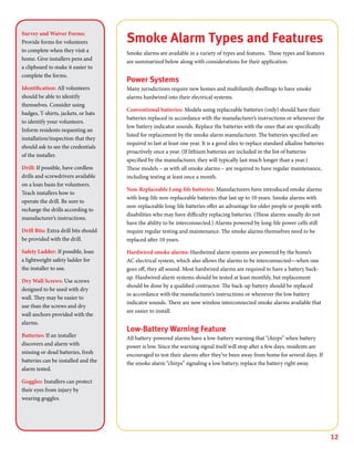 12
Smoke Alarm Types and Features
Smoke alarms are available in a variety of types and features. These types and features
are summarized below along with considerations for their application.
Power Systems
Many jurisdictions require new homes and multifamily dwellings to have smoke
alarms hardwired into their electrical systems.
Conventional batteries: Models using replaceable batteries (only) should have their
batteries replaced in accordance with the manufacturer’s instructions or whenever the
low battery indicator sounds. Replace the batteries with the ones that are specifically
listed for replacement by the smoke alarm manufacturer. The batteries specified are
required to last at least one year. It is a good idea to replace standard alkaline batteries
proactively once a year. (If lithium batteries are included in the list of batteries
specified by the manufacturer, they will typically last much longer than a year.)
These models – as with all smoke alarms – are required to have regular maintenance,
including testing at least once a month.
Non-Replaceable Long-life batteries: Manufacturers have introduced smoke alarms
with long-life non-replaceable batteries that last up to 10 years. Smoke alarms with
non-replaceable long-life batteries offer an advantage for older people or people with
disabilities who may have difficulty replacing batteries. (These alarms usually do not
have the ability to be interconnected.) Alarms powered by long-life power cells still
require regular testing and maintenance. The smoke alarms themselves need to be
replaced after 10 years.
Hardwired smoke alarms: Hardwired alarm systems are powered by the home’s
AC electrical system, which also allows the alarms to be interconnected—when one
goes off, they all sound. Most hardwired alarms are required to have a battery back-
up. Hardwired alarm systems should be tested at least monthly, but replacement
should be done by a qualified contractor. The back-up battery should be replaced
in accordance with the manufacturer’s instructions or whenever the low battery
indicator sounds. There are now wireless interconnected smoke alarms available that
are easier to install.
Low-Battery Warning Feature
All battery-powered alarms have a low-battery warning that “chirps” when battery
power is low. Since the warning signal itself will stop after a few days, residents are
encouraged to test their alarms after they’ve been away from home for several days. If
the smoke alarm “chirps” signaling a low battery, replace the battery right away.
Survey and Waiver Forms:
Provide forms for volunteers
to complete when they visit a
home. Give installers pens and
a clipboard to make it easier to
complete the forms.
Identification: All volunteers
should be able to identify
themselves. Consider using
badges, T-shirts, jackets, or hats
to identify your volunteers.
Inform residents requesting an
installation/inspection that they
should ask to see the credentials
of the installer.
Drill: If possible, have cordless
drills and screwdrivers available
on a loan basis for volunteers.
Teach installers how to
operate the drill. Be sure to
recharge the drills according to
manufacturer’s instructions.
Drill Bits: Extra drill bits should
be provided with the drill.
Safety Ladder: If possible, loan
a lightweight safety ladder for
the installer to use.
Dry Wall Screws: Use screws
designed to be used with dry
wall. They may be easier to
use than the screws and dry
wall anchors provided with the
alarms.
Batteries: If an installer
discovers and alarm with
missing or dead batteries, fresh
batteries can be installed and the
alarm tested.
Goggles: Installers can protect
their eyes from injury by
wearing goggles.
 