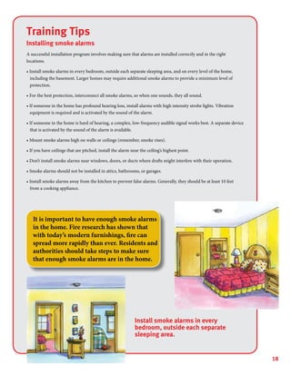 18
Training Tips
Installing smoke alarms
A successful installation program involves making sure that alarms are installed correctly and in the right
locations.
• Install smoke alarms in every bedroom, outside each separate sleeping area, and on every level of the home,
including the basement. Larger homes may require additional smoke alarms to provide a minimum level of
protection.
• For the best protection, interconnect all smoke alarms, so when one sounds, they all sound.
• If someone in the home has profound hearing loss, install alarms with high intensity strobe lights. Vibration
equipment is required and is activated by the sound of the alarm.
• If someone in the home is hard of hearing, a complex, low-frequency audible signal works best. A separate device
that is activated by the sound of the alarm is available.
• Mount smoke alarms high on walls or ceilings (remember, smoke rises).
• If you have ceilings that are pitched, install the alarm near the ceiling’s highest point.
• Don’t install smoke alarms near windows, doors, or ducts where drafts might interfere with their operation.
• Smoke alarms should not be installed in attics, bathrooms, or garages.
• Install smoke alarms away from the kitchen to prevent false alarms. Generally, they should be at least 10 feet
from a cooking appliance.
It is important to have enough smoke alarms
in the home. Fire research has shown that
with today’s modern furnishings, fire can
spread more rapidly than ever. Residents and
authorities should take steps to make sure
that enough smoke alarms are in the home.
Install smoke alarms in every
bedroom, outside each separate
sleeping area.
 