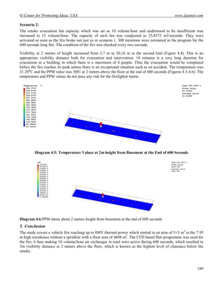 © Center for Promoting Ideas, USA www.ijastnet.com
189
Scenario 2:
The smoke evacuation fan capacity which was set as 10 volume/hour and understood to be insufficient was
increased to 15 volume/hour. The capacity of each fan was readjusted as 25,8372 m3/seconds. They were
activated as soon as the fire broke out just as in scenario 1. 300 iterations were estimated in the program for the
600 seconds long fire. The condition of the fire was checked every two seconds.
Visibility at 2 meters of height increased from 3,7 m to 20,16 m in the second trial (Figure 4.4). This is an
appropriate visibility distance both for evacuation and intervention. 10 minutes is a very long duration for
evacuation in a building in which there is a maximum of 4 people. Thus the evacuation would be completed
before the fire reaches its peak unless there is an exceptional situation such as an accident. The temperature was
21.20⁰C and the PPM value was 3081 at 2 meters above the floor at the end of 600 seconds (Figures 4.5-4.6). The
temperature and PPM values do not pose any risk for the firefighter teams.
Diagram 4.5: Temperature Values at 2m height from Basement at the End of 600 Seconds
Diagram 4.6.PPM status about 2 meters height from basement at the end of 600 seconds
5. Conclusion
The study covers a vehicle fire reaching up to 8MV thermal power which started in an area of 5×5 m2
in the 7.95
m high warehouse without a sprinkler with a floor area of 4608 m2
. The CFD based flair programme was used for
the fire. 6 fans making 10 volume/hour air exchanges in total were active during 600 seconds, which resulted in
3m visibility distance at 2 meters above the floor, which is known as the highest level of clearance below the
smoke.
 