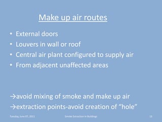 Make up air routesExternal doorsLouvers in wall or roofCentral air plant configured to supply airFrom adjacent unaffected areas->avoid mixing of smoke and make up air->extraction points-avoid creation of “hole”Tuesday, June 07, 201113Smoke Extraction In Buildings