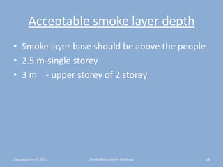 Acceptable smoke layer depthSmoke layer base should be above the people2.5 m-single storey3 m    - upper storey of 2 storeyTuesday, June 07, 201118Smoke Extraction In Buildings