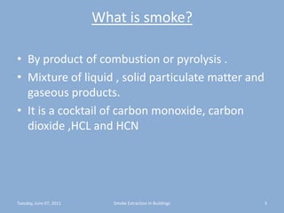 What is smoke?By product of combustion or pyrolysis .Mixture of liquid , solid particulate matter and gaseous products.It is a cocktail of carbon monoxide, carbon dioxide ,HCL and HCNTuesday, June 07, 20113Smoke Extraction In Buildings