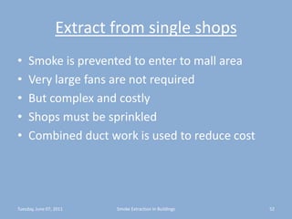 Extract from single shopsSmoke is prevented to enter to mall areaVery large fans are not requiredBut complex and costlyShops must be sprinkledCombined duct work is used to reduce costTuesday, June 07, 201152Smoke Extraction In Buildings