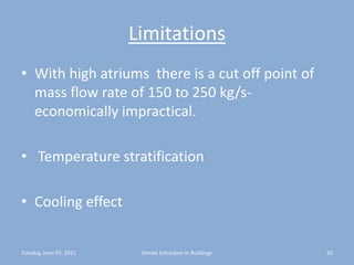 LimitationsWith high atriums  there is a cut off point of mass flow rate of 150 to 250 kg/s-economically impractical. Temperature stratificationCooling effectTuesday, June 07, 201155Smoke Extraction In Buildings
