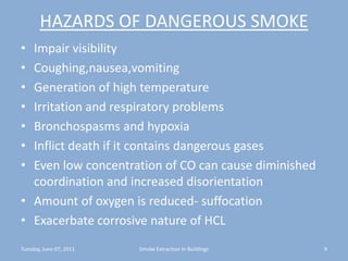 HAZARDS OF DANGEROUS SMOKEImpair visibilityCoughing,nausea,vomitingGeneration of high temperatureIrritation and respiratory problemsBronchospasms and hypoxiaInflict death if it contains dangerous gasesEven low concentration of CO can cause diminished coordination and increased disorientationAmount of oxygen is reduced- suffocationExacerbate corrosive nature of HCLTuesday, June 07, 20119Smoke Extraction In Buildings