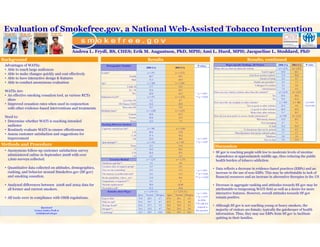 Evaluation of Smokefree.gov, a National Web-Assisted Tobacco Intervention

                                             Andrea L. Frydl, BS, CHES; Erik M. Augustson PhD MPH; Ami L. Hurd MPH; Jacqueline L. Stoddard, PhD
                                                       Frydl BS                 Augustson, PhD,           Hurd,                   Stoddard
Background                                                                                                  Results                                                                                       Results, continued
 Advantages of WATIs:                                              Demographic Variables                                                                  P-values                 SF.gov-specific Findings, All Visitors                   2008 (%)   2004 (%)    P-value
                                                                                                           2008 (%)                   2004 (%)                          Where did you find out about the website                            n= 1,674   n= 1,272
 • Able to reach large audiences
                                                            Gender*                                         n = 971                   n = 1,272                                                                           Search engine*      43.8       24.1
 • Able to make changes quickly and cost effectively                                                                                                                                                         Link from another website*       17.0       58.2
                                                                                         Female               68.7                       54.1
 • Able to have interactive design & features                                              Male               31.3                       45.9                                                                            Friend or Family      2.6        2.7
 • Able to conduct anonymous evaluation                     Age*                                            n = 968                   n = 1,259                                                                   Health care provider**       3.6        1.7
                                                                                      Under 24                17.7                       14.5                                                                      Colleague/Co-worker         2.3        2.8
                                                                                                                                                                                                                           Advertisement       7.0        6.0
                                                                                       25 – 50                59.4                       68.7
 WATIs Are:                                                                                                                                                             Have you ever visited a website other than this website?*           n= 1,674   n= 1,272
                                                                                          50+                 22.8                       16.9             * p < 0.001
 • An effective smoking cessation tool, as various RCTs     Education Level**                               n = 971                   n = 1,272          ** p = 0.002
                                                                                                                                                                                                                                      Yes     29.5       38.4
   show                                                                          Less than HS                 9.2                         8.7
                                                                                                                                                                                                                                      No      70.5       61.6
                                                                                                                                                                        How does this site compare to other websites*                       n = 494    n = 488    * p<0.001
 • Improved cessation rates when used in conjunction                          HS Degree/GED                   16.2                       20.8
                                                                                                                                                                                                          Not as good as other websites       21.9        4.9     **p=0.002
                                                                                 More than HS                 74.7                       70.5
   with other evidence-based interventions and treatments
              evidence based                                                                                                                                                                                   As good as other websites      68.4
                                                                                                                                                                                                                                              68 4       64.3
                                                                                                                                                                                                                                                         64 3
                                                            Smoking Status*                                n = 1,525                  n = 1,272
                                                                                                                                                                                                               Better than other websites      9.7       30.7
                                                                                  Current                     64.8                       81.5
 Need to:                                                                                                                                                               How do you most prefer to receive health information?*               n= 985    n= 1,163
                                                                                   Former                     22.8                       10.9
                                                                                                                                                                                                                     Web-based, internet      33.9       29.7
 • Determine whether WATI is reaching intended                                      Never                     12.5                        7.5
                                                                                                                                                                                                                          Text messaging       2.7        1.1
                                                            Smoking Behavior, Smokers
   audience                                                                                                                                                                                                                        E-mail     33.2       35.9
                                                            Cigarettes smoked per day*                      n = 981                    n = 1,030
 • Routinely evaluate WATI to ensure effectiveness                                                                                                                                                      E-documents that can be printed        9.6        8.3
                                                                                           1-10               29.6                        19.8                                                Print document that can be ordered online        7.7        4.7
 • Assess customer satisfaction and suggestions for                                       11-20               47.4                        50.2                                                                                 Telephone       2.8        1.0
   improvement                                                                             >20                23.0                        30.0            * p < 0.001                                                        Face-to-face      9.9       19.3
                                                            Quit attempts**                                 n = 976                     n = 957          ** p = 0.047
Methods and Procedure                                                                     None                12.1                        13.0                          Discussion
                                                                                            <5                54.5                        58.5
 • Anonymous follow-up customer satisfaction survey                                                                                                                     • SF.gov is reaching people with low to moderate levels of nicotine
                                                                                           5-10               25.2                        23.1
   administered online in September 2008 with over                                         >10                 8.2                         5.4                            dependence at approximately middle age, thus reducing the public
   1,600 surveys collected.                                         Cessation Method                       n = 1,217                   n = 1,176                          health burden of tobacco addiction.
                                                            Telephone quit line**                              3.5                         4.8
                                                            Cessation class or support group*
                                                                               s pport gro p*                 6.9
                                                                                                              69                          14.1
                                                                                                                                          14 1
 • Q
   Quantitative d
         i i data collected on attitudes, d
                      ll    d     i d demographics,hi                                                                                                                   • Data reflects a decrease in evidence-based practices (EBPs) and an
                                                            One-on-one counseling*                            2.4                          6.3           * p < 0.001
   ranking, and behavior around Smokefree.gov (SF.gov)      The internet or world-wide-web*                   14.1                       19.3           ** p = 0.022      increase in the use of non-EBPs. This may be attributable to lack of
   and smoking cessation.                                   Books, pamphlets, videos , etc.*                   15.5                      30.1           *** p = 0.002     financial resources and an increase in alternative therapies in the US
                                                            Acupuncture or hypnosis***                         6.9                        4
 • Analyzed differences between 2008 and 2004 data for      Nicotine replacement*                             38.6                      62.88                           • Decrease in aggregate ranking and attitudes towards SF.gov may be
                                                            Prescription pill*                                21.5                      34.8
   all former and current smokers.                                                                                                                                        attributable to burgeoning WATI field as well as a desire for more
                                                                 Attitudes about SF.gov                   n = 1,033 (%)             n = 1,272 (%)
                                                                                                  Agree    Neutral Disagree    Agree Neutral Disagree
                                                                                                                                                        * p < 0.001       interactive features. However, overall attitudes towards SF.gov
                                                                                                                                                                                                       ,                              g
 • All tools were in compliance with OMB regulations.       Easy to find                           70.4      22.9        6.7   67.4    26.1        6.5
                                                                                                                                                       ** p = 0.037       remain positive.
                                                                                                                                                          In 2004,
                                                            Help me quit*                          51.6      39.7        8.7   47.5    47.6        4.8
                                                                                                                                                       7.5% did not
                                                            Message board*                         63.4      27.3        9.3   59.5    35.0        5.5
                                                                                                                                                         respond to     • Although SF.gov is not reaching young or heavy smokers, the
                         Questions?                         Navigate**                             76.1      19.2        4.7   76.1    21.0        2.8
                   Contact Andrea Frydl at                                                                                                             this question      majority of visitors are female; typically the gatekeeper of health
                                                            Confusing*                             12.3      22.9       64.8   14.6    29.5       56.0
                    frydlal@mail.nih.gov                                                                                                                                  information. Thus, they may use EBPs from SF.gov to facilitate
                                                                                                                                                                          quitting in their families.
 