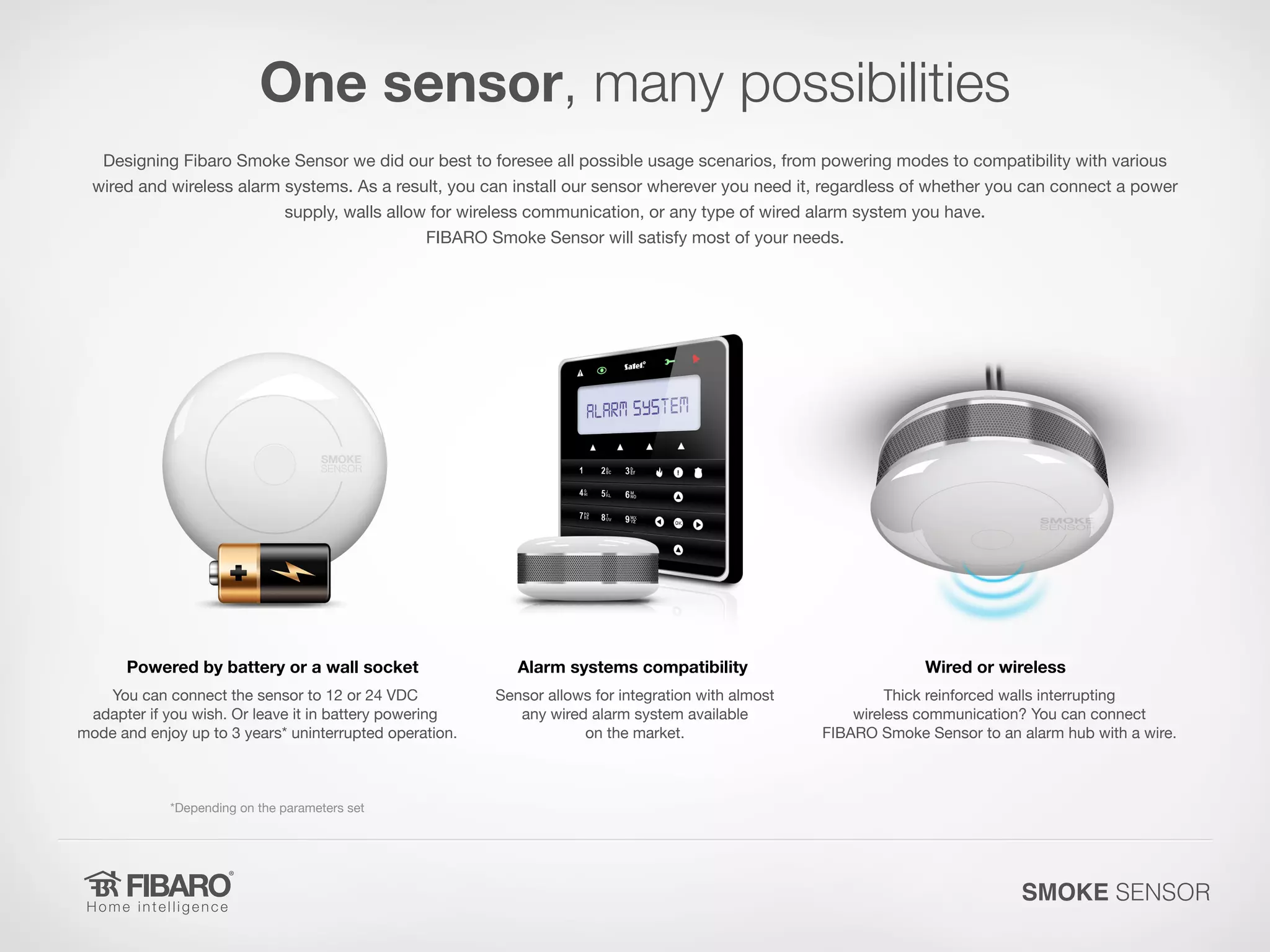 One sensor, many possibilities
Designing Fibaro Smoke Sensor we did our best to foresee all possible usage scenarios, from powering modes to compatibility with various
wired and wireless alarm systems. As a result, you can install our sensor wherever you need it, regardless of whether you can connect a power
supply, walls allow for wireless communication, or any type of wired alarm system you have.
FIBARO Smoke Sensor will satisfy most of your needs.

Powered by battery or a wall socket
You can connect the sensor to 12 or 24 VDC
adapter if you wish. Or leave it in battery powering
mode and enjoy up to 3 years* uninterrupted operation.

Alarm systems compatibility

Wired or wireless

Sensor allows for integration with almost
any wired alarm system available
on the market.

Thick reinforced walls interrupting
wireless communication? You can connect
FIBARO Smoke Sensor to an alarm hub with a wire.

*Depending on the parameters set

SMOKE SENSOR

 