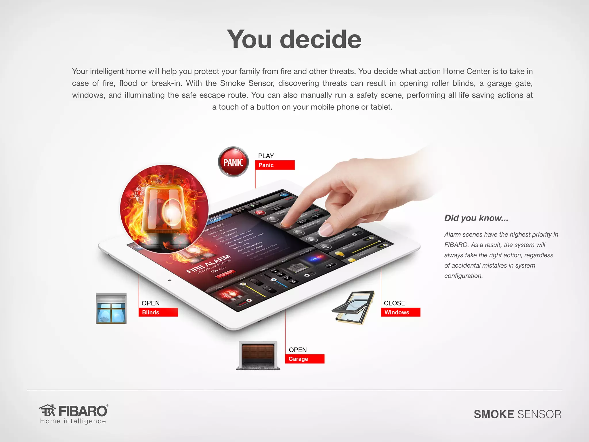 You decide
Your intelligent home will help you protect your family from fire and other threats. You decide what action Home Center is to take in
case of fire, flood or break-in. With the Smoke Sensor, discovering threats can result in opening roller blinds, a garage gate,
windows, and illuminating the safe escape route. You can also manually run a safety scene, performing all life saving actions at
a touch of a button on your mobile phone or tablet.

Did you know...
Alarm scenes have the highest priority in
FIBARO. As a result, the system will
always take the right action, regardless
of accidental mistakes in system
configuration.

SMOKE SENSOR

 