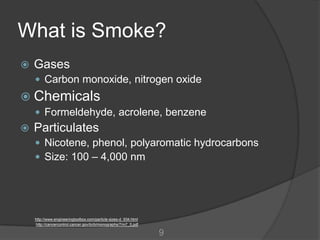 What is Smoke?
   Gases
     Carbon monoxide, nitrogen oxide
 Chemicals
     Formeldehyde, acrolene, benzene
   Particulates
     Nicotene, phenol, polyaromatic hydrocarbons
     Size: 100 – 4,000 nm




    http://www.engineeringtoolbox.com/particle-sizes-d_934.html
    http://cancercontrol.cancer.gov/tcrb/monographs/7/m7_5.pdf

                                                                  9
 
