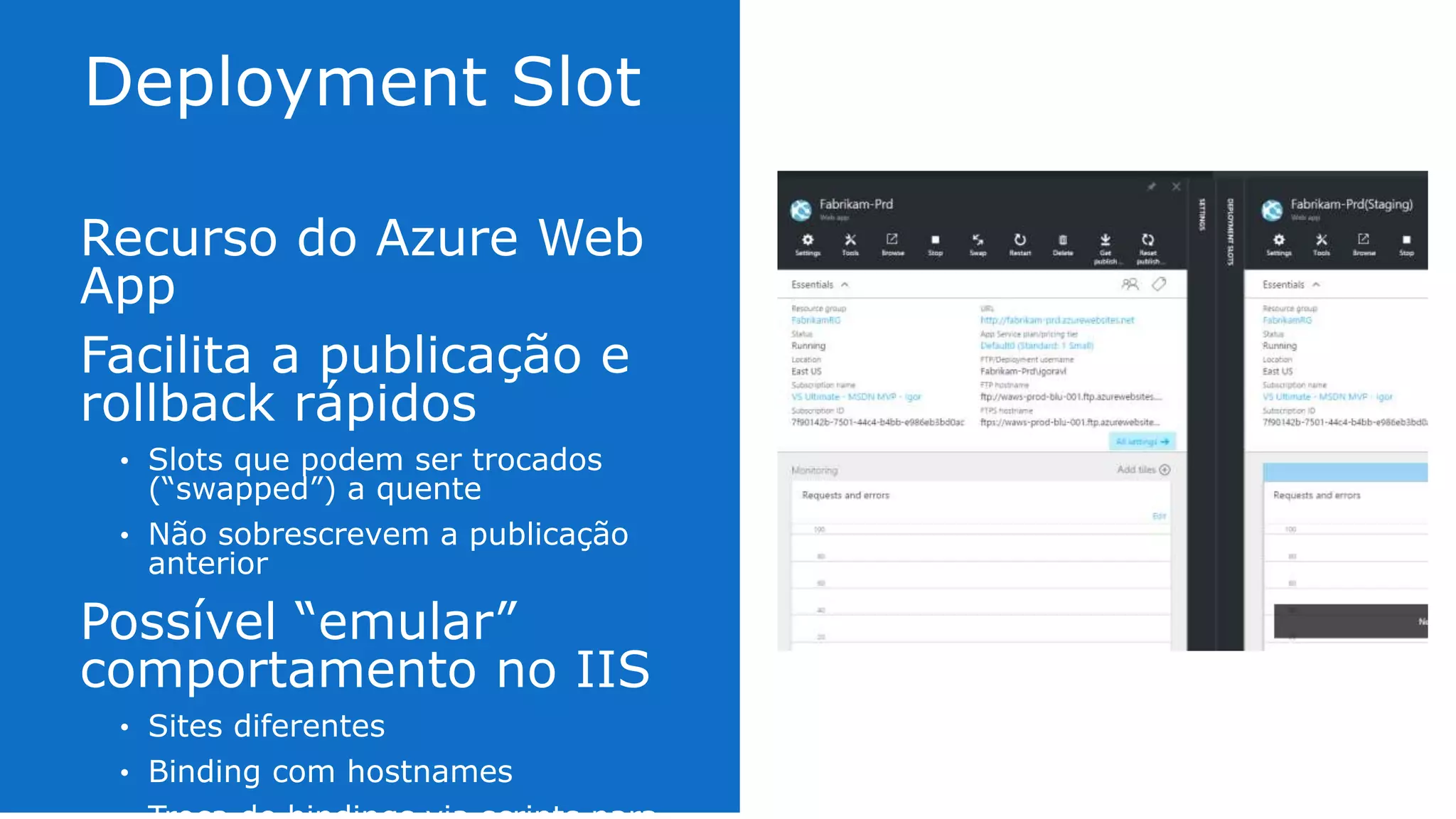 Recurso do Azure Web App
Facilita a publicação e
rollback rápidos
• Slots que podem ser trocados
(“swapped”) a quente
• Não sobrescrevem a publicação anterior
Possível “emular”
comportamento no IIS
• Sites diferentes
• Binding com hostnames
• Troca de bindings via scripts para “swap”
 