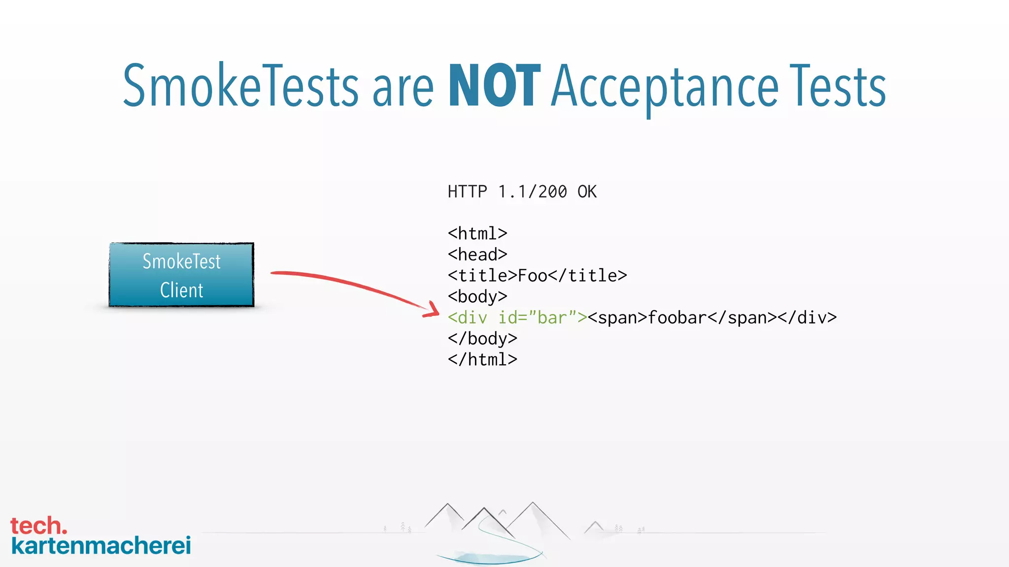 SmokeTests are NOT Acceptance Tests
SmokeTest 
Client
HTTP 1.1/200 OK
<html>
<head>
<title>Foo</title>
<body>
<div id="bar"><span>foobar</span></div>
</body>
</html>
 
