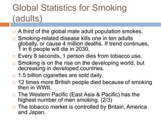 Global Statistics for Smoking
(adults)
 A third of the global male adult population smokes.
 Smoking-related disease kills one in ten adults
globally, or cause 4 million deaths. If trend continues,
1 in 6 people will die in 2030.
 Every 8 seconds, 1 person dies from tobacco use.
 Smoking is on the rise on the developing world, but
decreasing in developed countries.
 1.5 billion cigarettes are sold daily.
 12 times more British people died because of smoking
then in WWII.
 The Western Pacific (East Asia & Pacific) has the
highest number of men smoking. (2/3)
 The tobacco market is controlled by Britain, America
and Japan.
 
