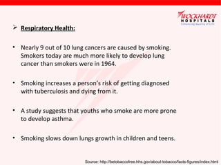  Respiratory Health:
• Nearly 9 out of 10 lung cancers are caused by smoking.
Smokers today are much more likely to develop lung
cancer than smokers were in 1964.
• Smoking increases a person’s risk of getting diagnosed
with tuberculosis and dying from it.
• A study suggests that youths who smoke are more prone
to develop asthma.
• Smoking slows down lungs growth in children and teens.
Source: http://betobaccofree.hhs.gov/about-tobacco/facts-figures/index.html
 