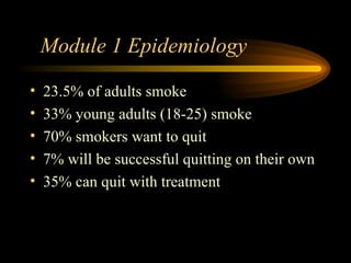 Module 1 Epidemiology 23.5% of adults smoke 33% young adults (18-25) smoke 70% smokers want to quit 7% will be successful quitting on their own 35% can quit with treatment 